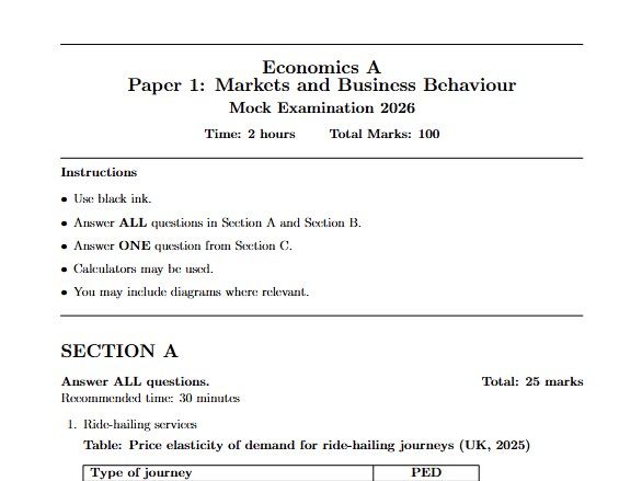 A-Level Economics Paper 1 2026 Predicted Mock (Edexcel) – Full Exam Practice Pack
