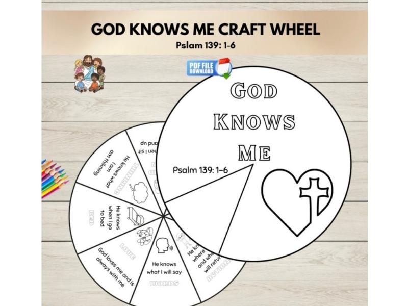 Psalm 139:1-6 Kids Bible Craft , God Knows Me Coloring Wheel, Christian Printable