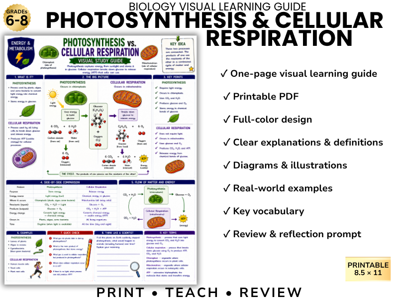 PHOTOSYNTHESIS & CELLULAR  RESPIRATION | Biology Visual Learning Guide | Grade 8 & Middle School Sci