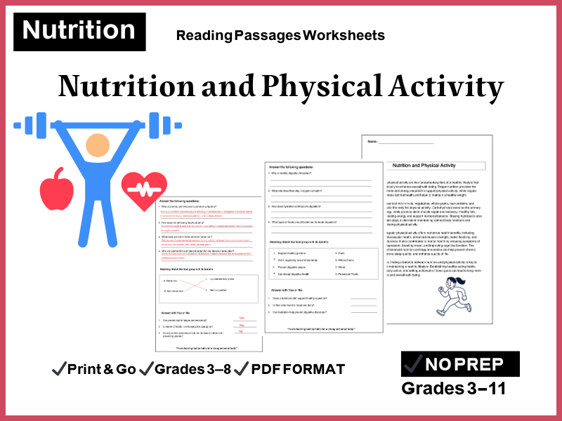 Nutrition and Physical Activity Reading Comprehension Passages & Questions Worksheets