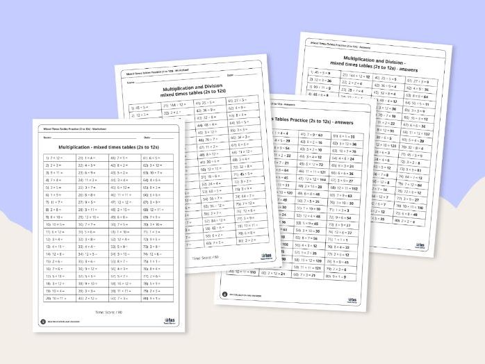 Multiplication and division practice worksheets for mixed times tables practice (2s to 12s)