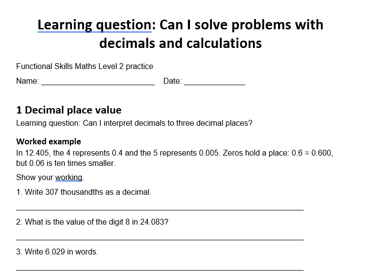 Level 2 Functional skills maths Decimals and calcumation problems