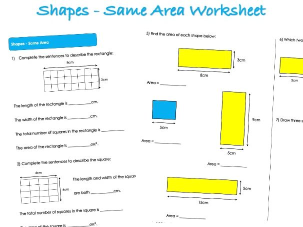 Area, Perimeter and Volume Worksheet - Shape (Same Area)