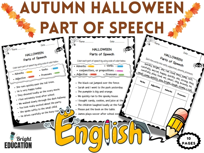Halloween Parts of Speech Worksheets | Autumn Grammar Activities | Nouns, Verbs, Adjectives & Adverb