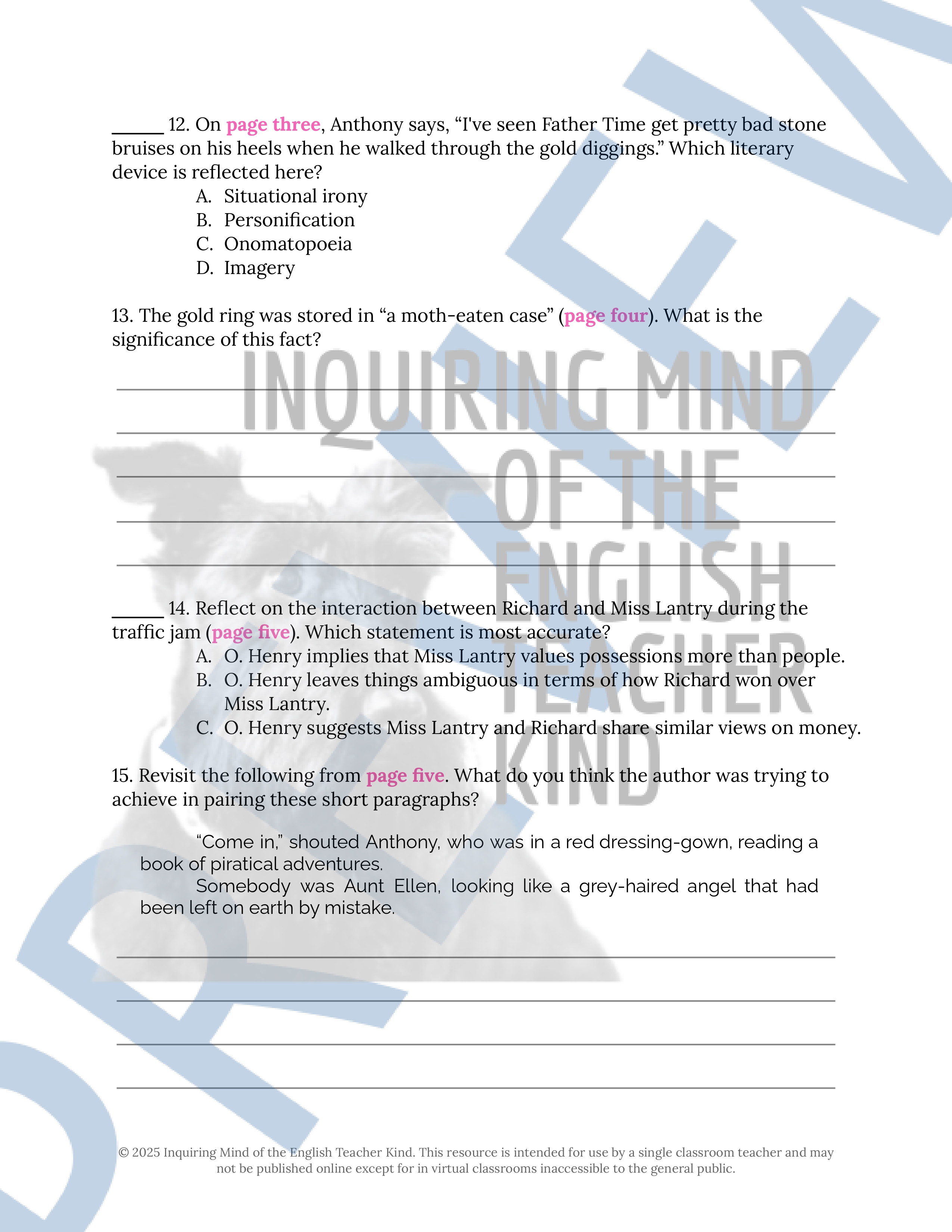 "Mammon and the Archer" by O. Henry Analysis Worksheet | Valentine's ...