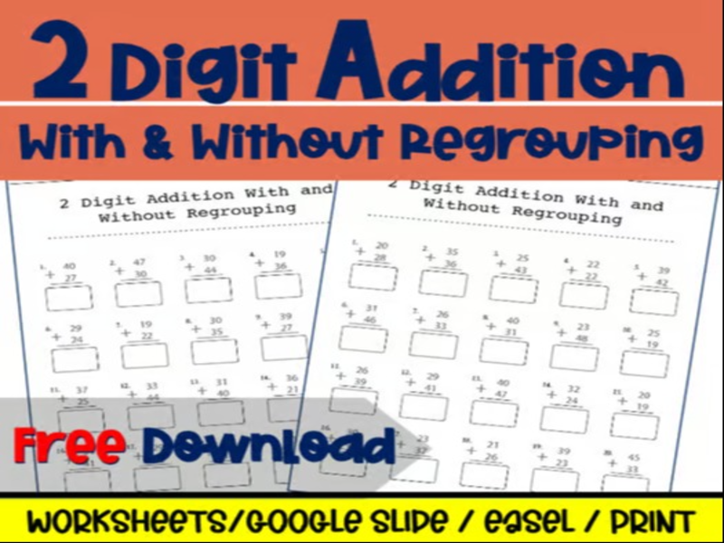 Double Digit Addition Quizzes WITH and WITHOUT Regrouping / Borrowing FREE!
