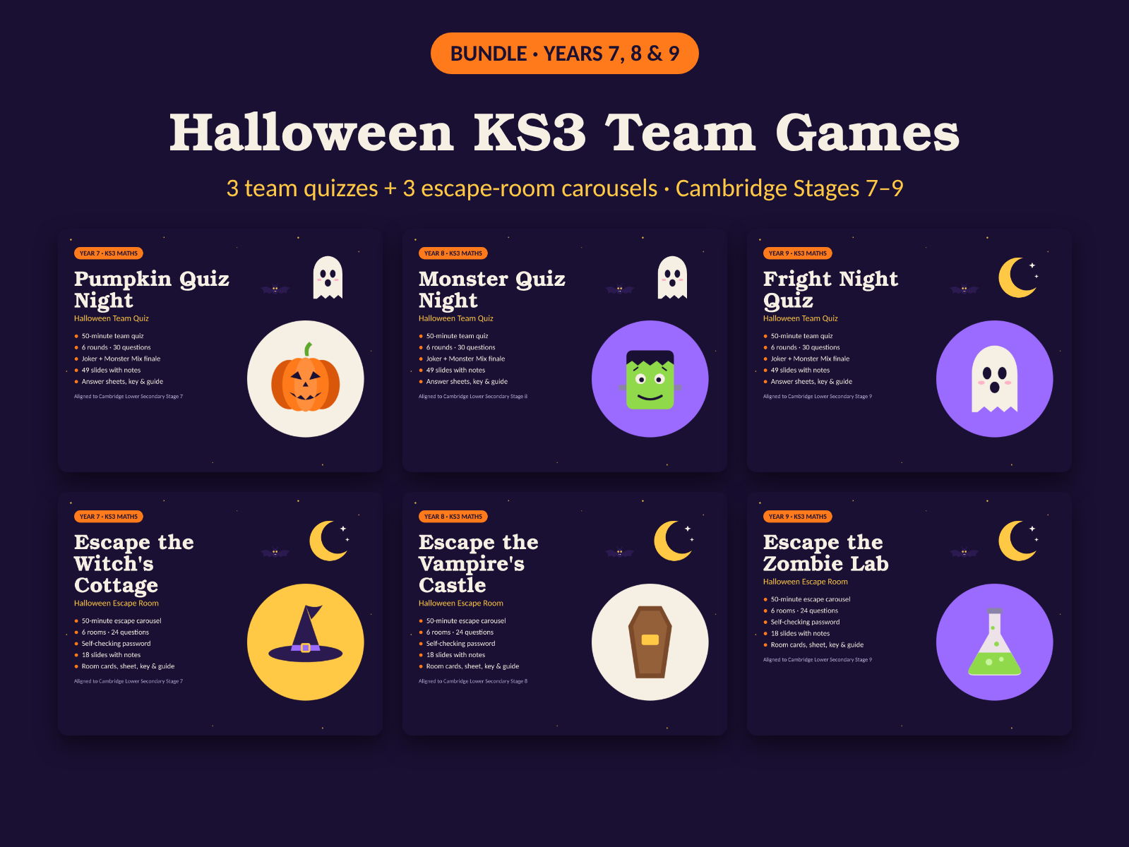Halloween Maths KS3 Team Games Bundle – 3 Quizzes + 3 Escape Rooms, Years 7–9 (Cambridge)