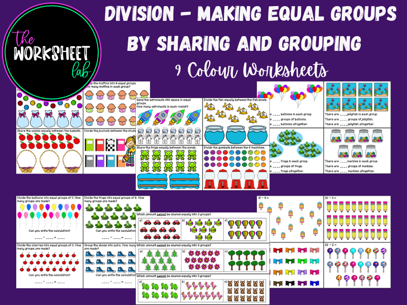Division - Making Equal Groups by Sharing and Grouping Worksheets in Colour