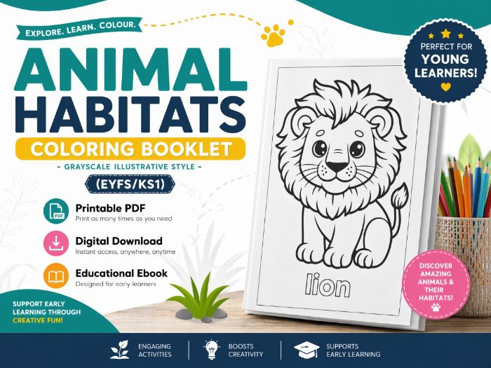 Animal Habitats Coloring Booklet - Grayscale Illustrative Style (EYFS/KS1)