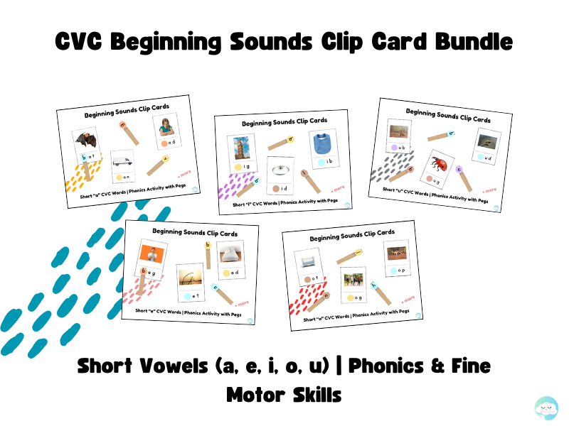 CVC Beginning Sounds Clip Card Bundle – Short Vowels (a, e, i, o, u) | Phonics & Fine Motor Skills