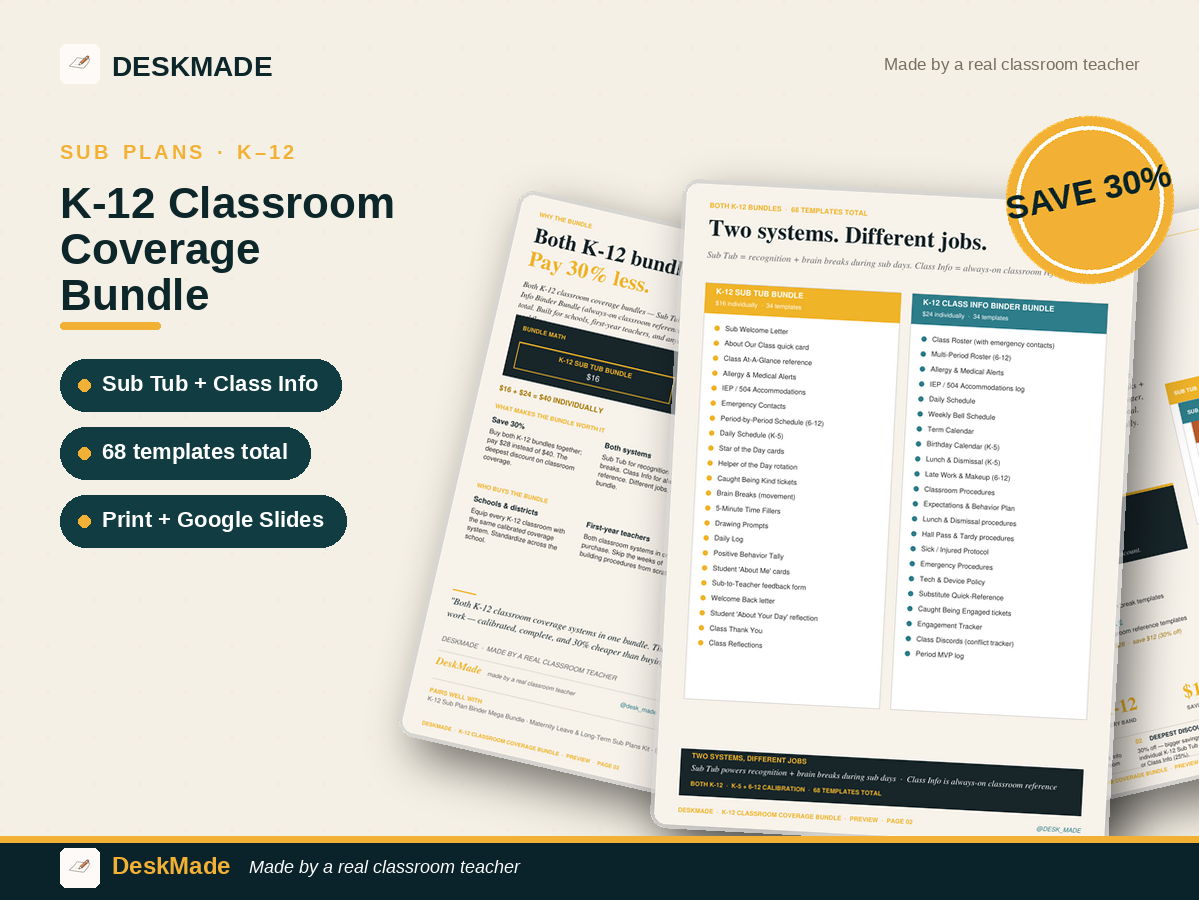 K-12 Classroom Coverage Bundle | Sub Tub + Class Info | Save 30%