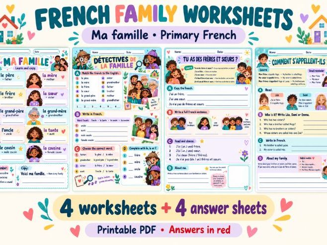 French Family Worksheets + Answers | Ma famille | Primary French