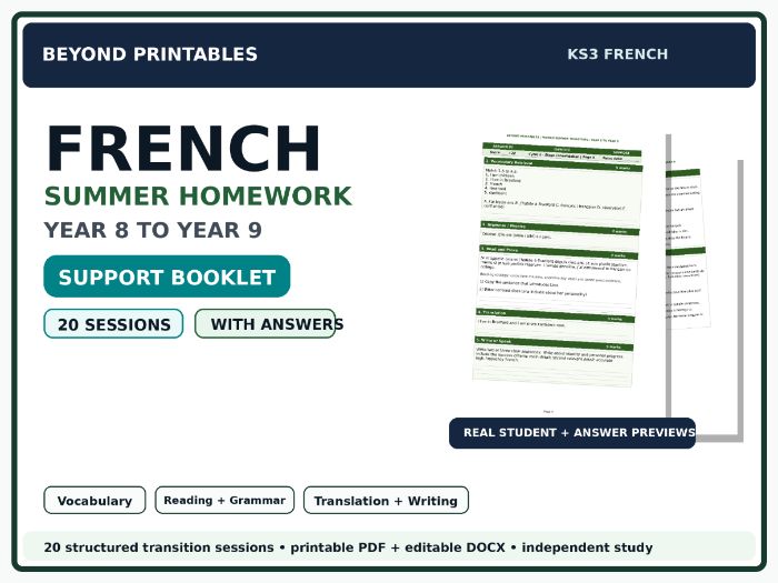 French Summer Homework Booklet Year 8 to Year 9 Support with Answers