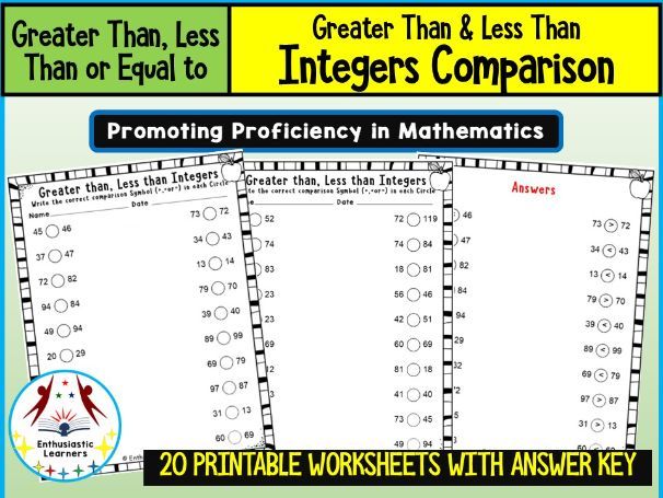 Comparing Integers – Greater Than, Less Than (Beginner Level) | Worksheets Practice Activity