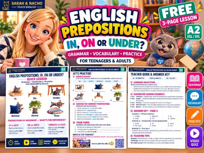 English Prepositions Worksheet | In, On, Under & Movement | A2 ESL | FREE