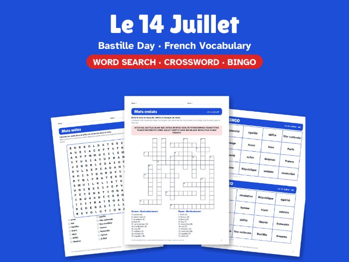 Bastille Day in French: Word Search, Crossword & Bingo