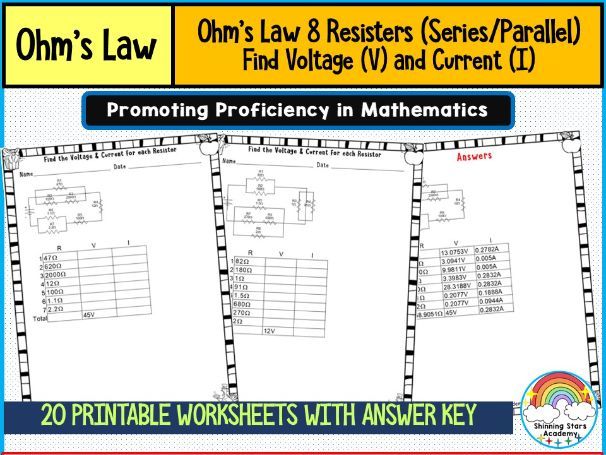 Ohm’s Law – 8 Resistors (Series/Parallel) (Find Voltage (V) and Current (I)) Worksheets | Complex Ci