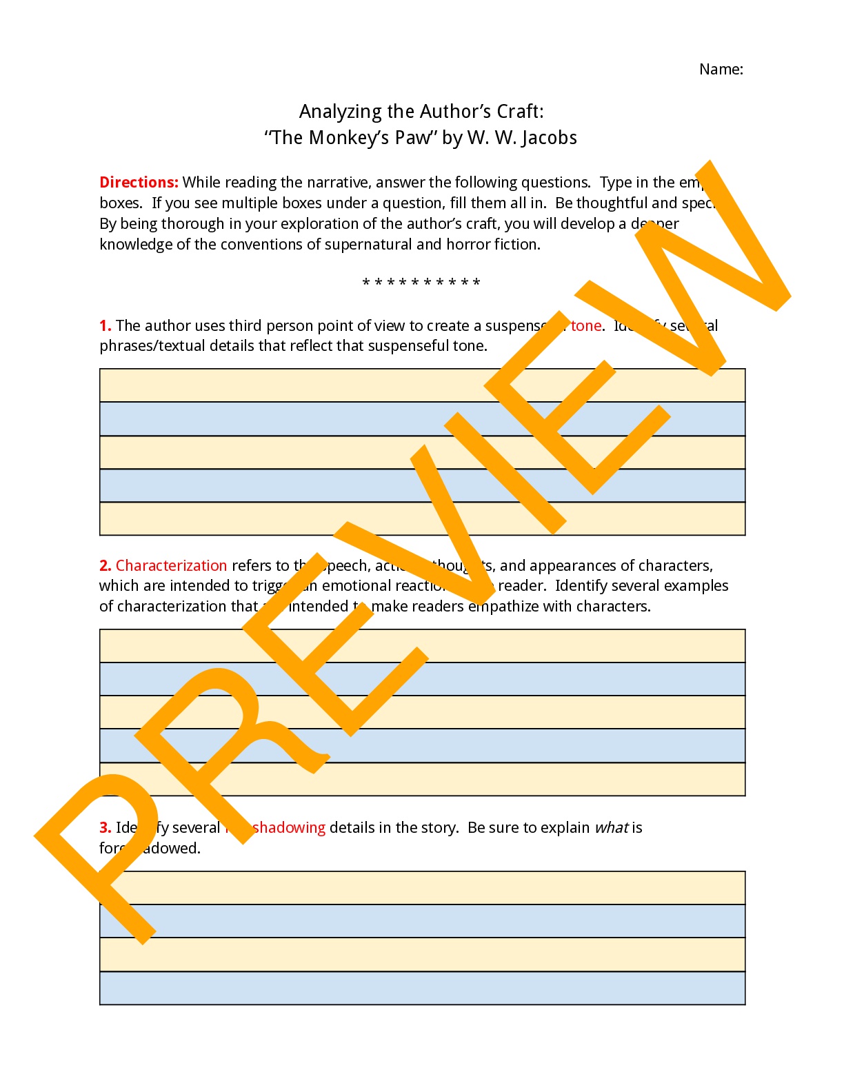 Analyzing the Craft of "The Monkey's Paw" - Worksheet | Teaching Resources