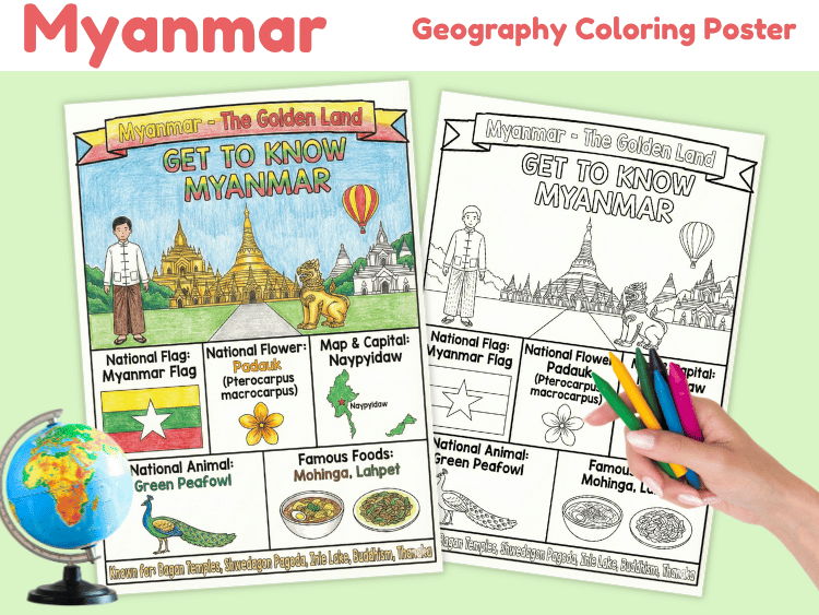 Myanmar Geography Coloring Poster | Country Facts & Symbols
