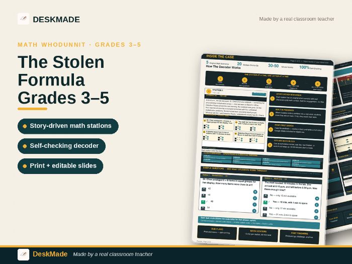 Math Whodunnit Escape Room | Grades 3–5 | The Stolen Formula | 5-Station Mystery