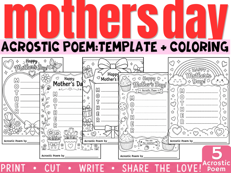 Mother's Day Acrostic Poem - Writing Template and Coloring Sheet Activity