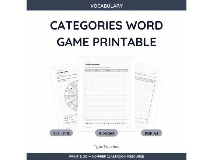 Categories Word Game | 4 No-Prep Sheets