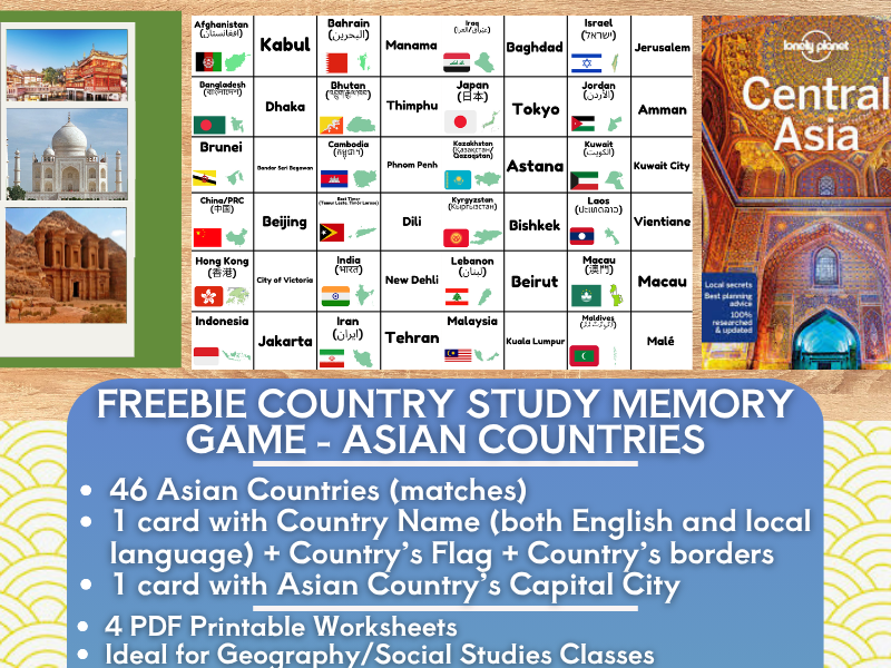 Country Study Memory Game Flashcards on Countries in Asia - FREEBIE