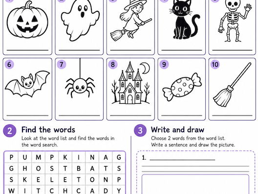 Halloween Vocabulary – Word Search & Writing