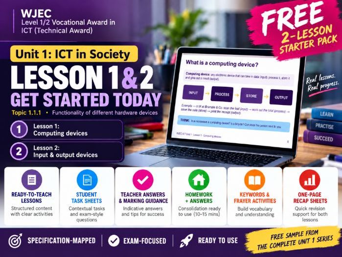 WJEC Level 1/2 Vocational Award in ICT — Unit 1: ICT in Society | FREE 2-Lesson Starter Pack
