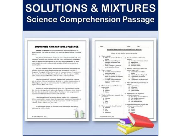 Solutions and Mixtures - Science Comprehension Passage & Activity - Editable