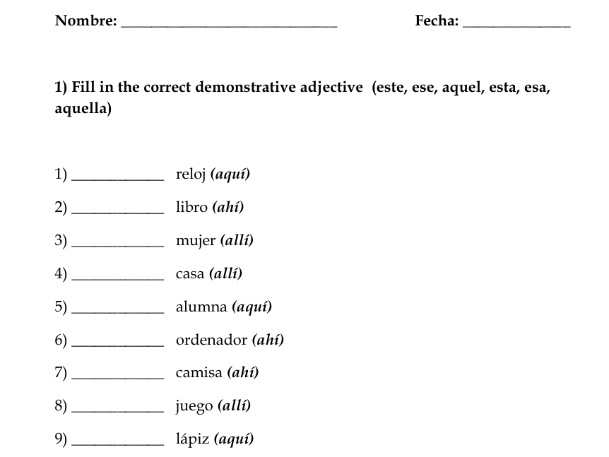 Spanish Demonstrative Adjectives Worksheets