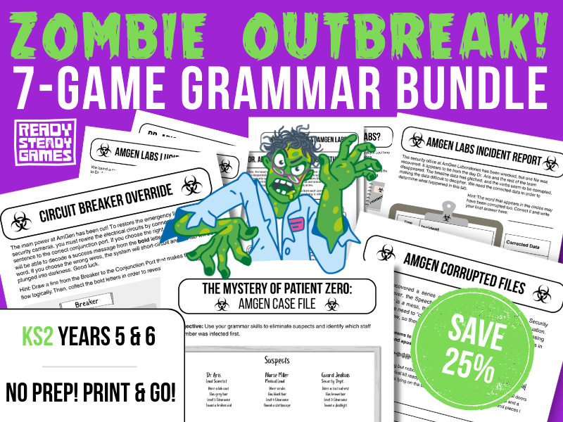 KS2 SPaG Bundle | Puzzle Pack, Mystery Game, Editing Challenge | Zombie Outbreak! Year 5 and 6