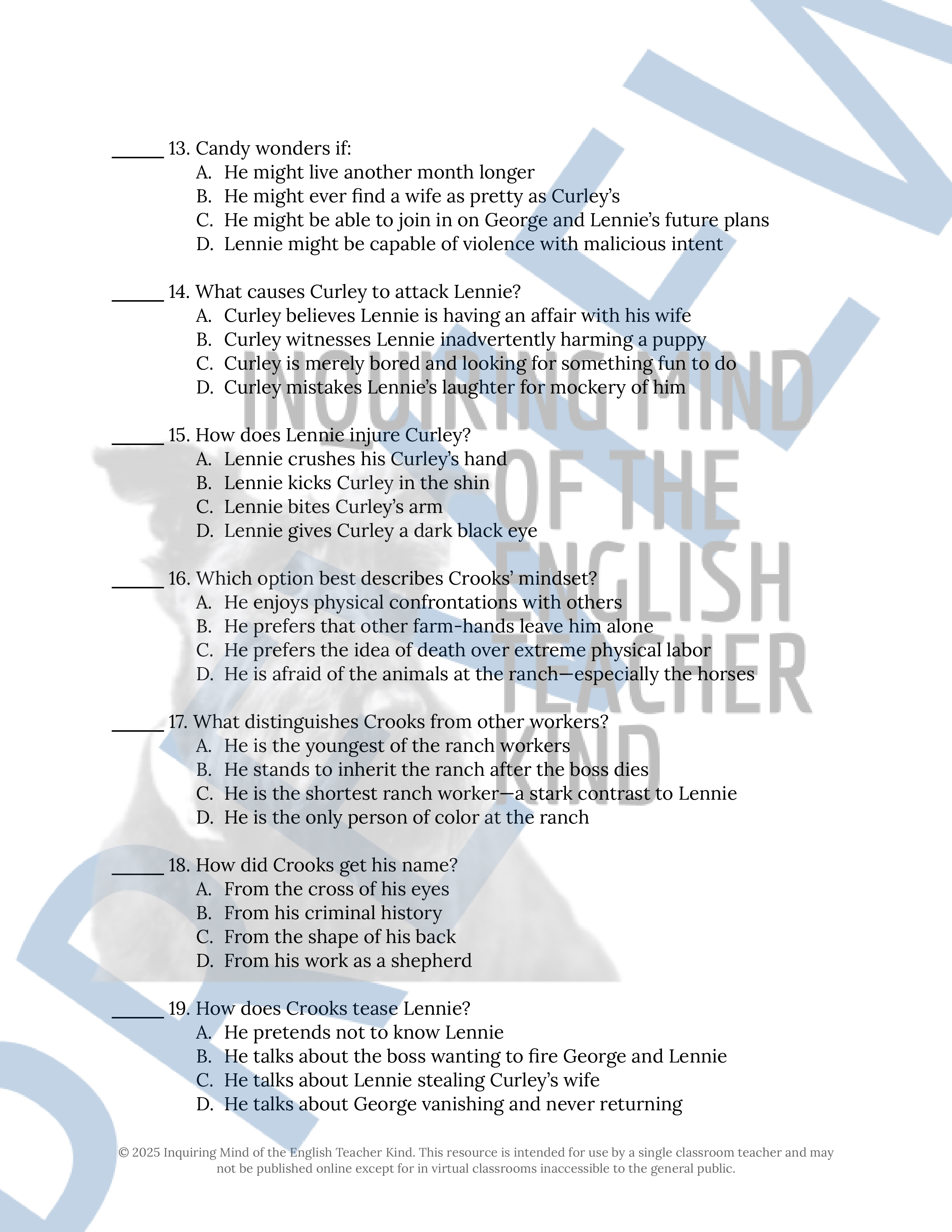 Of Mice and Men by John Steinbeck Test, Answer Key, and Study Guide ...