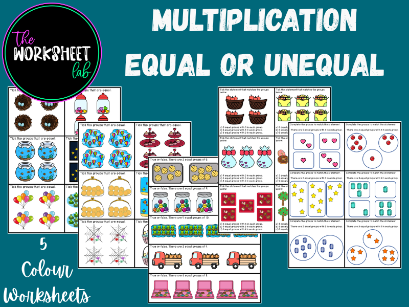 Multiplication - Equal and Unequal Groups Worksheets in Colour