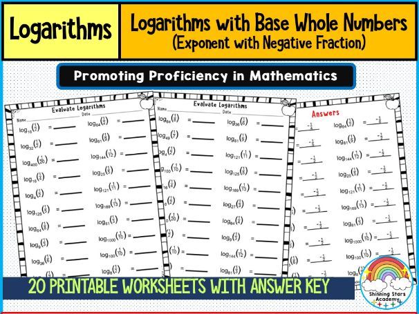 Logarithm with Base Whole Numbers (Exponent as Negative Fraction) Worksheets