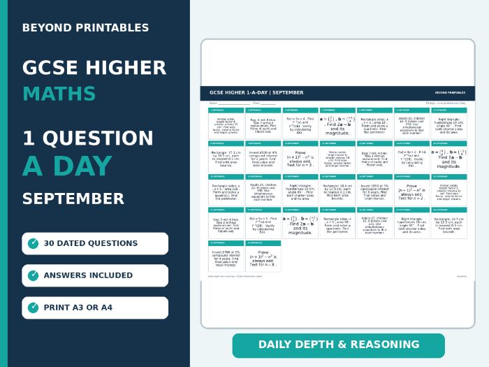 GCSE Higher Maths 1-a-Day September | Daily Reasoning | Answers | A3/A4