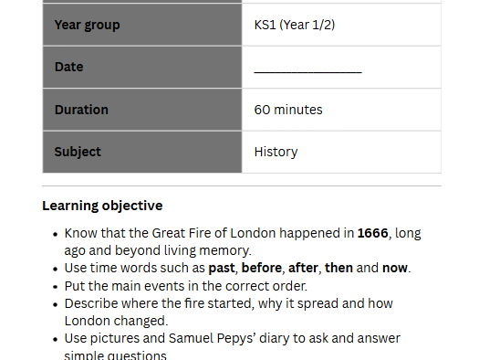 FREE: History Great Fire of London: Lesson Plan