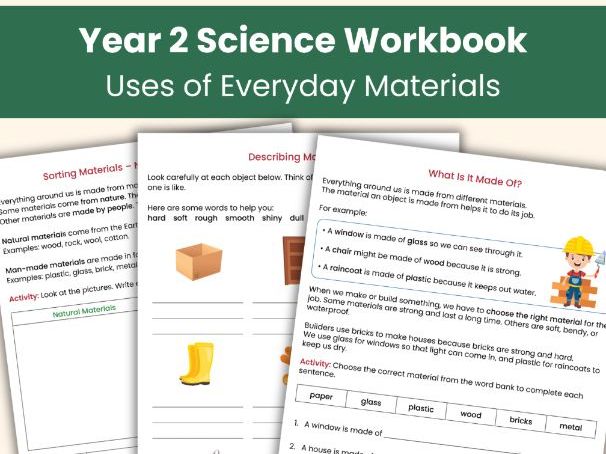 Year 2 Science Uses of Everyday Materials Workbook | 14 Printable Worksheets & Activities
