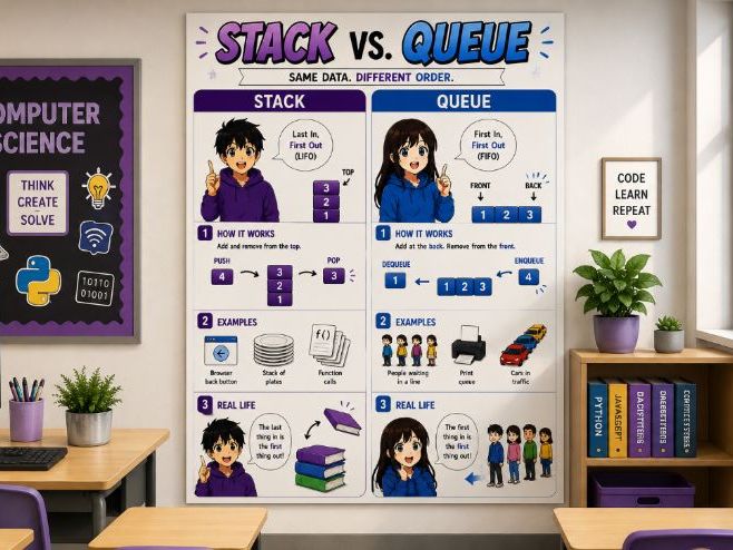 Stack vs Queue Poster | Data Structures | GCSE A Level Computer Science