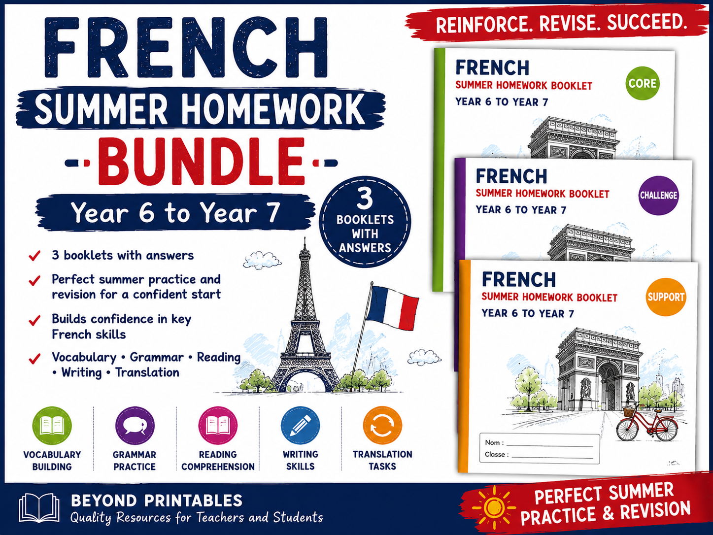 French Summer Homework Year 6 to Year 7 Complete Bundle | Support, Core & Challenge | With Answers