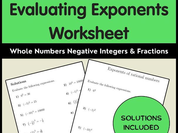Evaluating Exponents Worksheet | Whole Numbers Negative Integers & Fractions