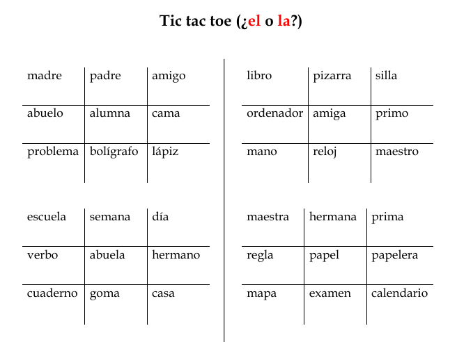 Tic Tac Toe Spanish Definite Articles Worksheet | Artículos Definidos