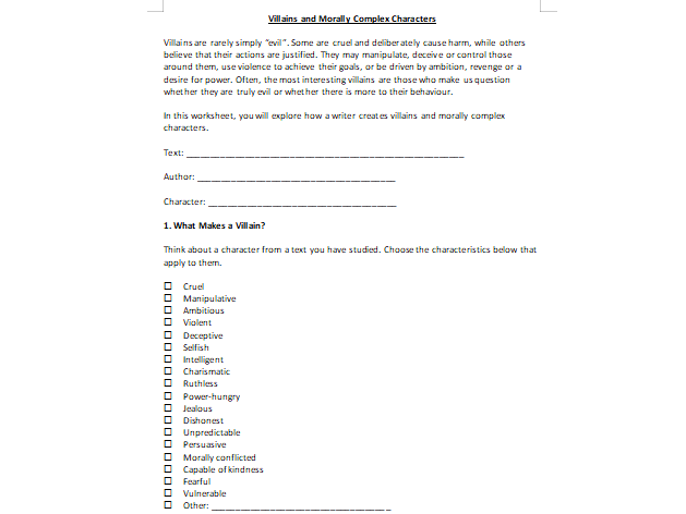 Villains Worksheet