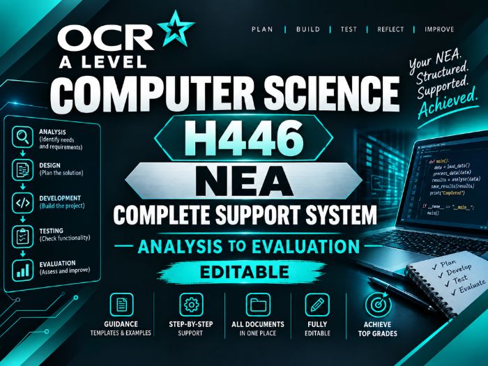 OCR A-Level Computer Science H446 NEA Complete Support System | Analysis to Evaluation | Editable