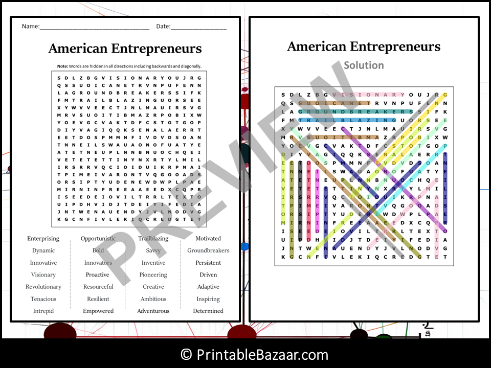 American Entrepreneurs Word Search Puzzle Worksheet Activity | Teaching ...