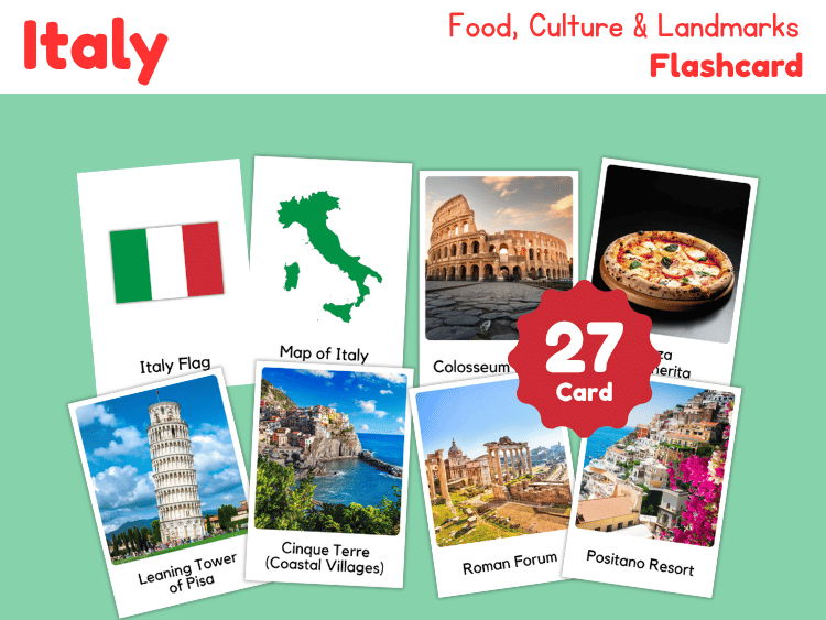 Italy Geography Flashcards | 27 Printable Country Study Cards