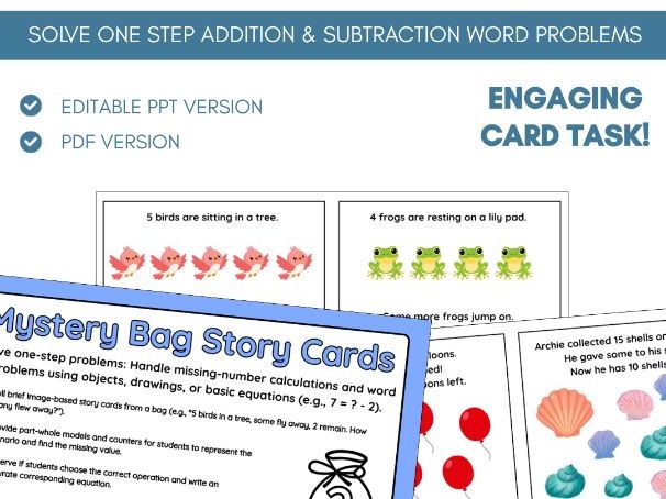 Solve One Step Word Problems | Card Task Activity | Addition & Subtraction