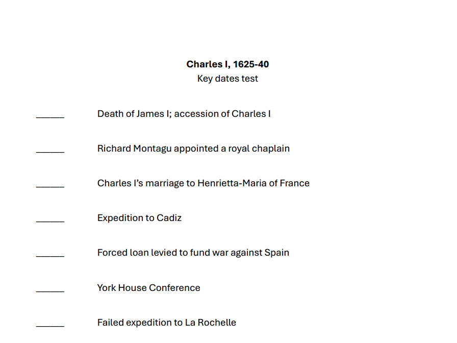 Key dates test - Charles I 1625-1640 (OCR A-level history Unit Y108)
