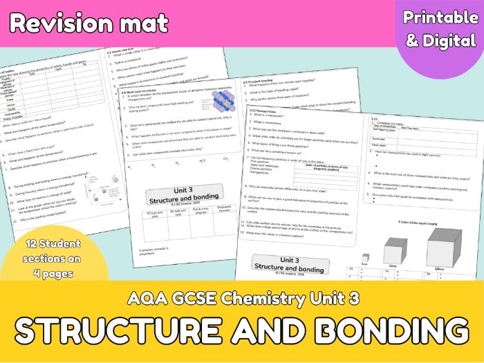 Structure and Bonding Revision Mat | AQA GCSE Chemistry Unit 3 | Ionic, Covalent & Metallic Bonding