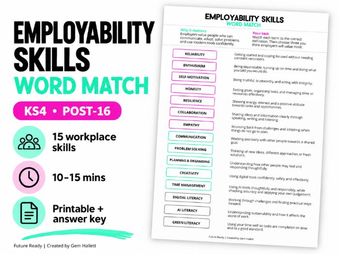 Employability Skills Word Match | KS4 & Post-16